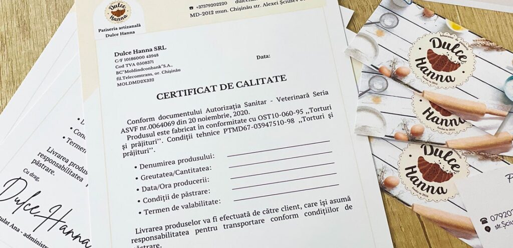 Quality Certificate Dulce Hanna Pastry Chisinau Republic of Moldova
